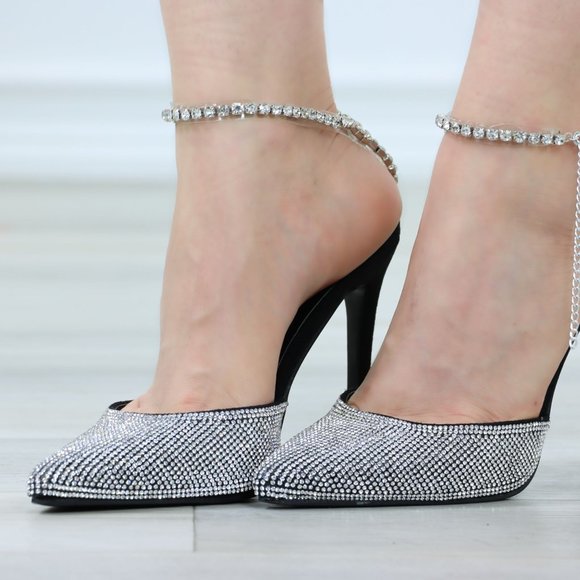 Black Pointed Toe Sparkly Rhinestone Ankle Strap High Heel Shoes Stiletto - Picture 13 of 13
